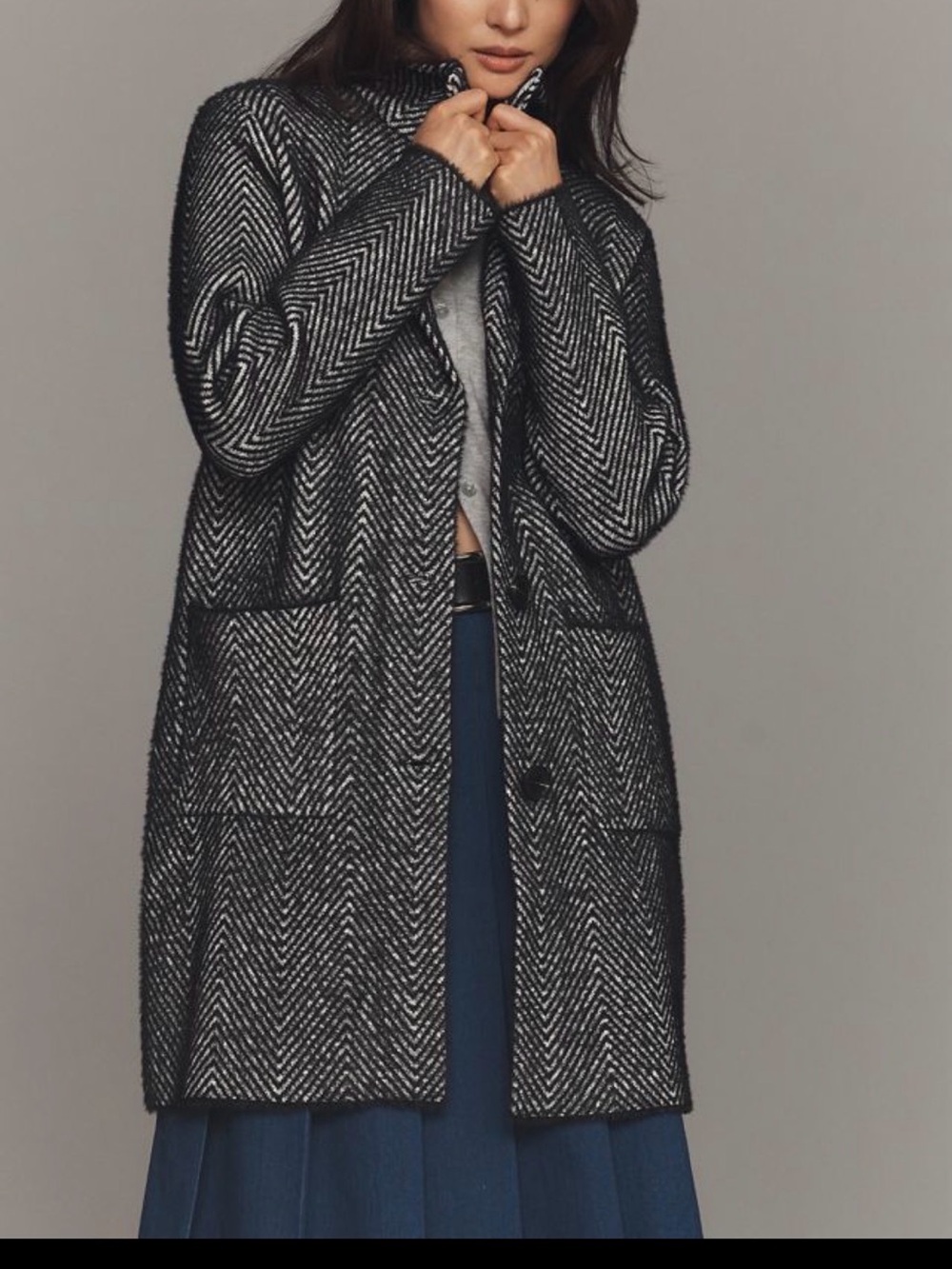 NVLT Black and Grey Herringbone Open-Front Coatigan